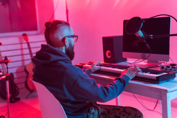 Male sound producer working in recording studio